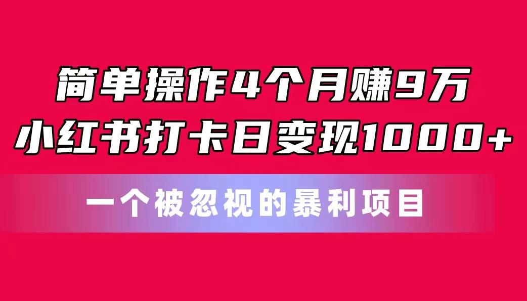 简单操作4个月赚9万！小红书打卡日变现1000+！一个被忽视的暴力项目