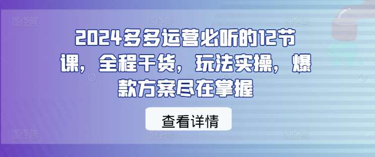 2024多多运营必听的12节课，全程干货，玩法实操，爆款方案尽在掌握